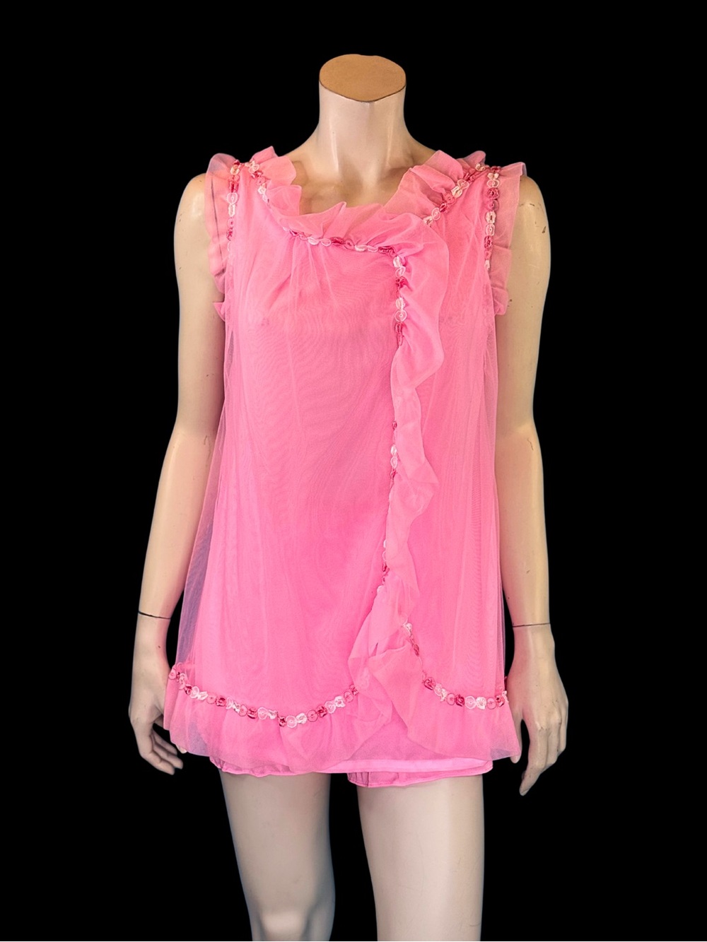 Vintage 1970s Bubblegum Pink Babydoll Ruffles Chemise & Bloomers Set | S